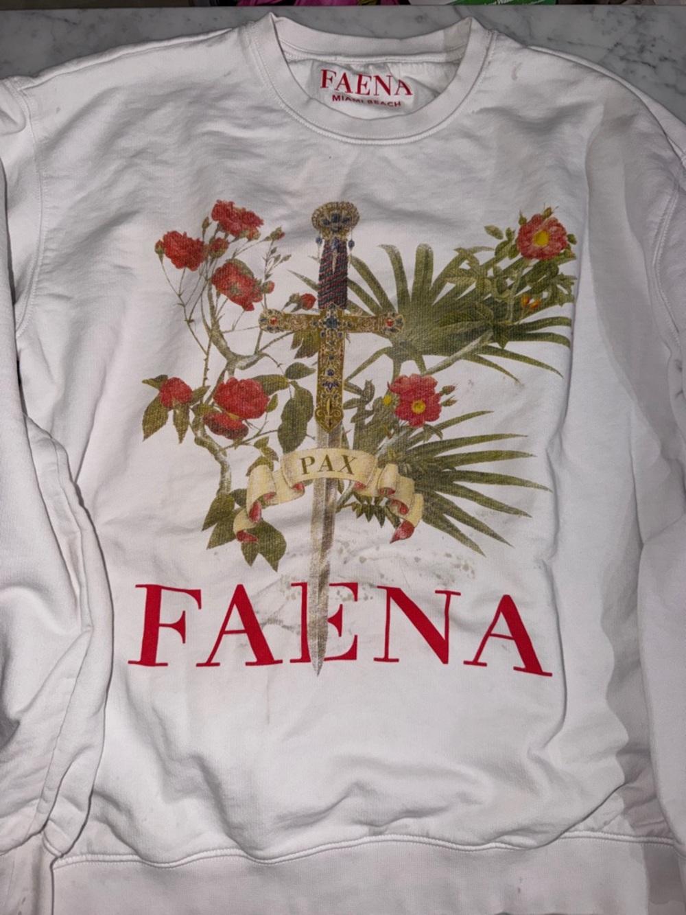 FAENA White Crewneck Sweatshirt with Floral Sword Graphic
